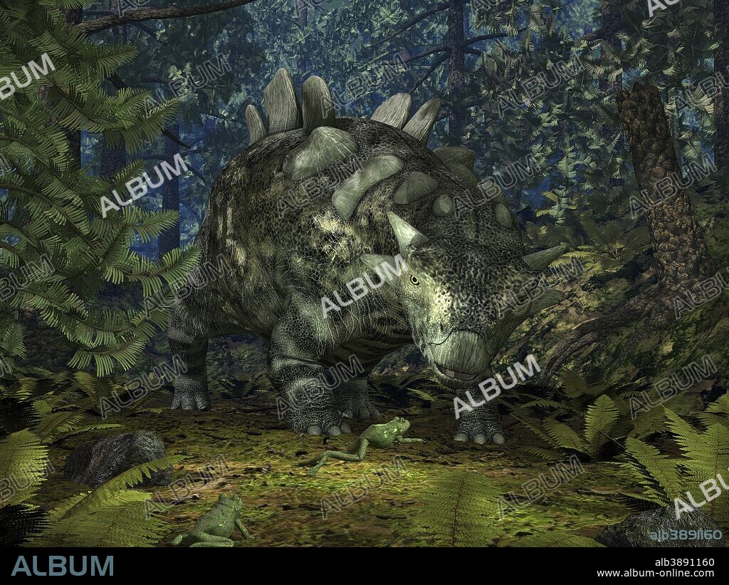A ten-foot-long Crichtonsaurus crosses paths with a pair of frogs deep within a Cretaceous forest 95 million years ago. The heavily armored Crichtonsaurus was a herbivore and therefore unlikely to have any interest in frogs as food, while the carnivorous frogs are doubtless in search of smaller prey. The forest is populated with various ferns and the conifer-like Wollemi Pine (not a true conifer, rather an Araucariaceae more closely related to the Monkey Puzzle tree).