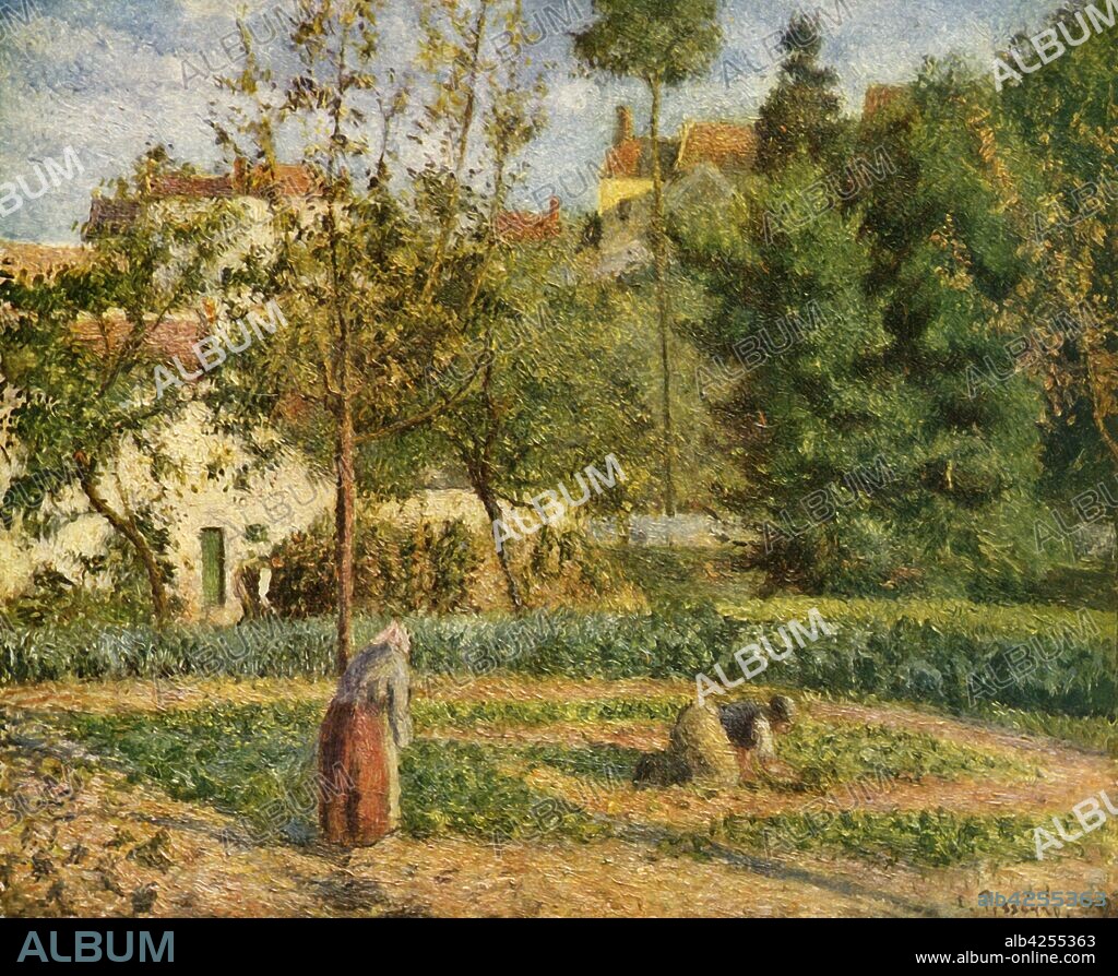 'The Orchard', 1879, (1939). 'Jardin potager à l'Hermitage. Pontoise'. Kitchen garden at the Hermitage, Pontoise, northern France. Painting in the Musée d'Orsay, Paris. From "Camille Pissarro", by John Rewald. [Collins, London, 1939].