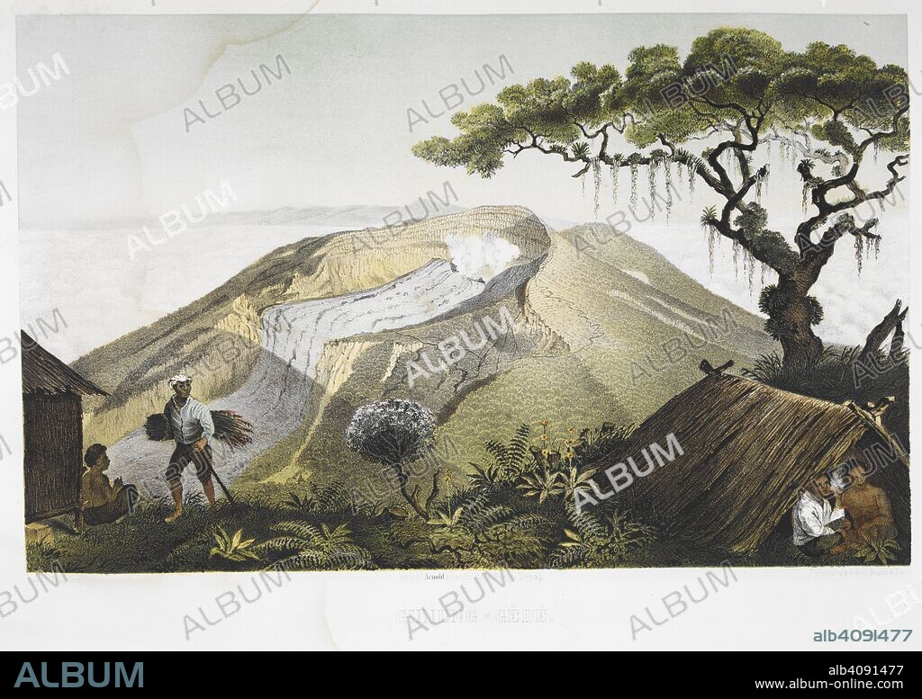 FRANZ WILHELM JUNGHUHN. Gunung Gede. Mount Gede, a volcano in West Java, Indonesia. . Java Album. Leipzig, 1856. Colour illustration. Source: 1781.a.21, plate 10. Language: German.