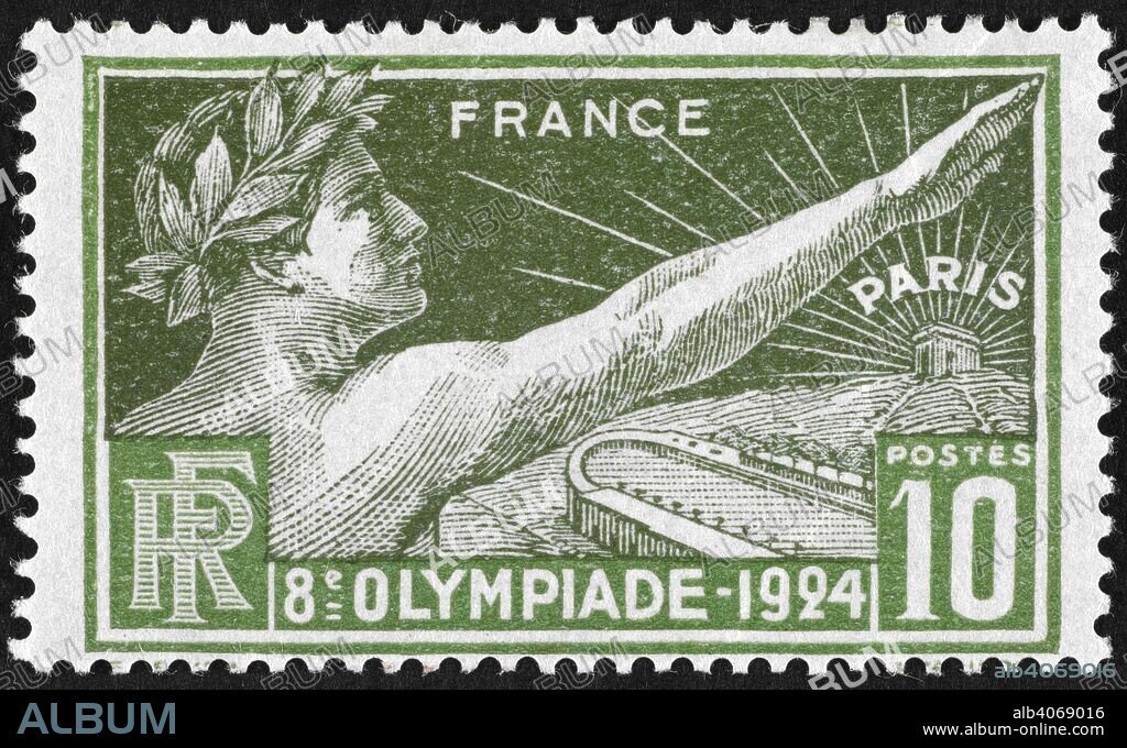 An athlete wearing a laurel wreath. France 1924 Olympic Games 10 centimes, unused . (The UPU Collection). 1924. Language: French.