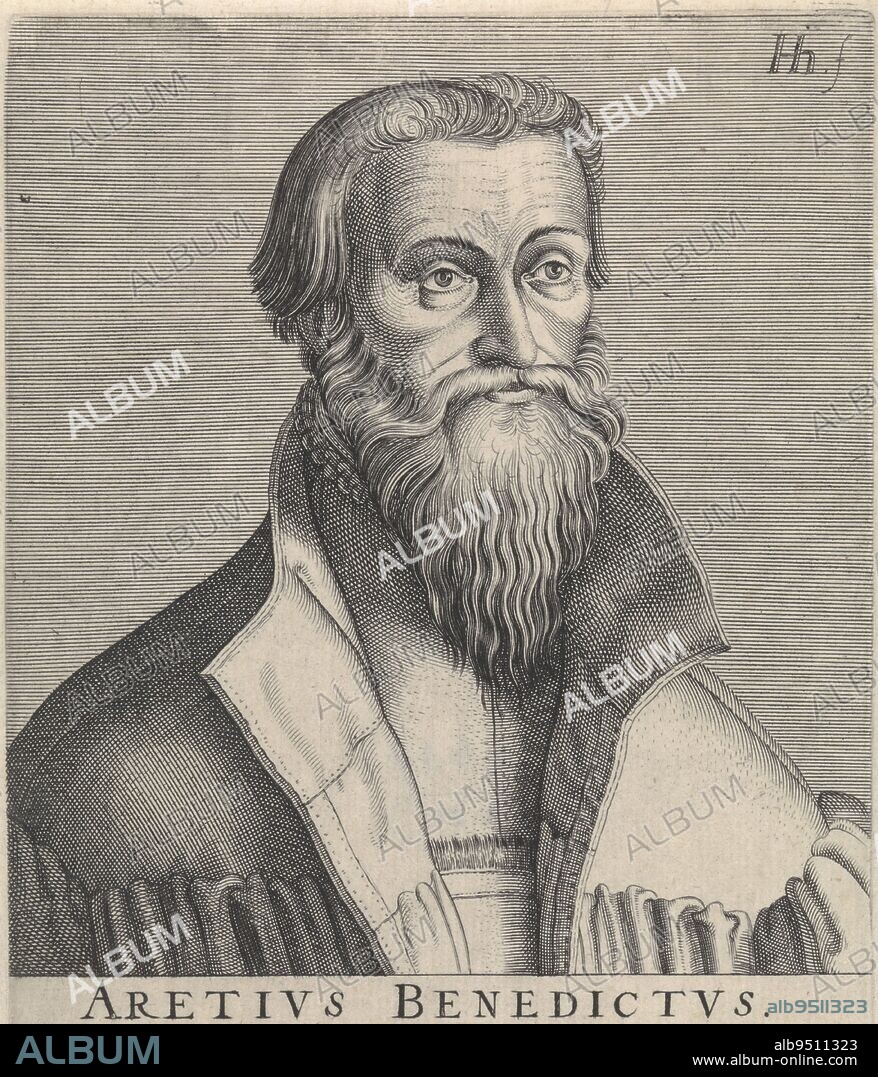 Bust to the right of Benedict Aretius Below the portrait his name and four lines in Latin Print from part 1 of the series of portraits of famous reformers, Portrait of Benedict Aretius Famous reformers Icones virorum nostra patrumq memoria llustrium , print maker: Hendrick Hondius (I), (mentioned on object), publisher: Hendrick Hondius (I), Staten-Generaal, (mentioned on object), The Hague, 1599, paper, engraving, h 165 mm × w 117 mm.
