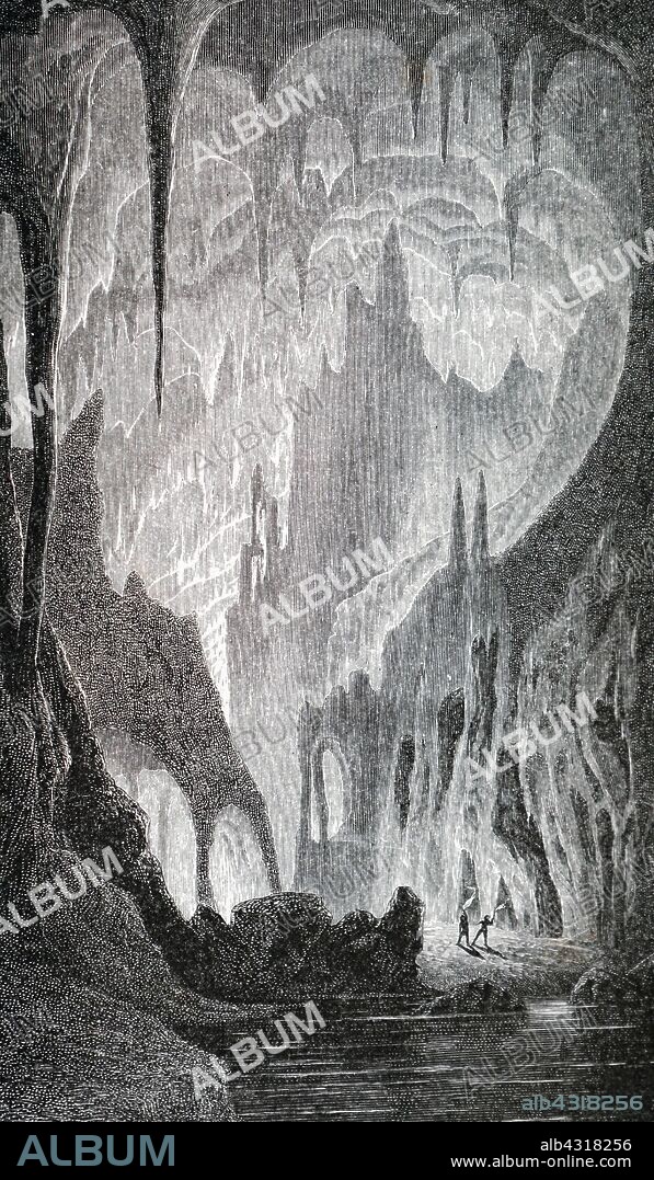 An engraving depicting a stalactite cavern in the Baradla cave, Aggtelek, Hungary. Dated 19th century.