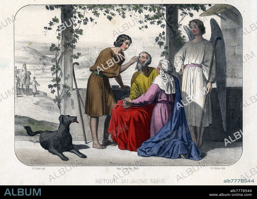 BIBLE "Return of the young Tobias" accompanied by the archangel Raphael, who revealed to him the way to miraculously heal his father Tobi from blindness. Table from "La Bible en estampes", illustrated with lithographs by Ch. Vallet from compositions by Auguste Leloir (1 July 1809 - 8 March 1892), texts taken from "the Bible du Jeune Age" by Élisabeth Muller. Print Lemercier, Publisher Amédée Bédelet, Paris 1860.