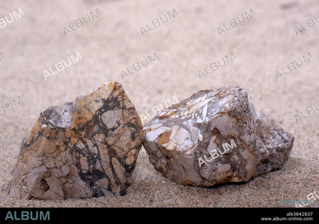 Limestone breccia, a sedimentary rock formed when the ceiling of a cave collapsed and the rubble got re-cemented together. Usually found in limestone areas.