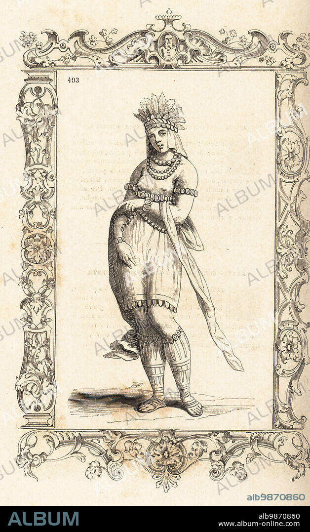 Young African girl of the Indies, 16th century. A young Native American woman in feather headdress, necklaces, gold bracelets and anklets. She wears cotton drawers or calecon. Jeune fille Africaine dans lInde. Within a decorative frame engraved by H. Catenacci and Fellmann. Woodblock engraving by Gerard Seguin and E.F. Huyot after a woodcut by Christoph Krieger from Cesare Vecellios 16th century Costumes anciens et modernes, Habiti antichi et moderni di tutto il mondo, Firman Didot Ferris Fils, Paris, 1859-1860.