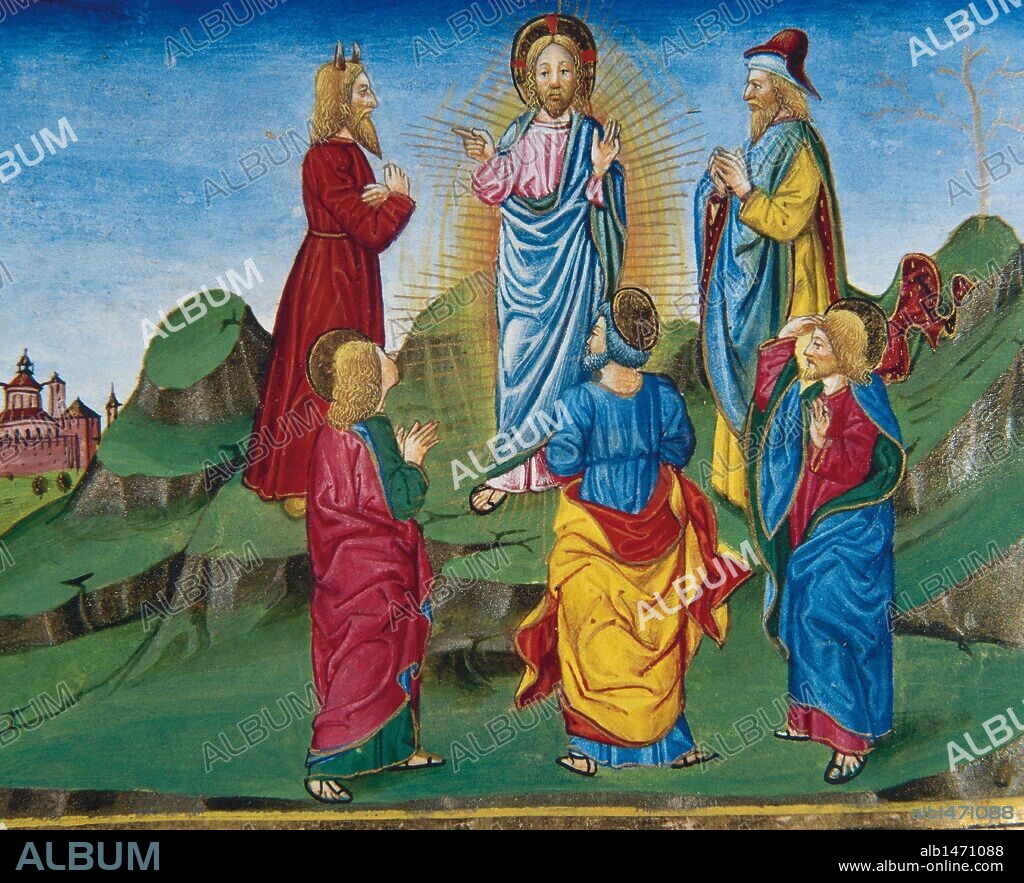 Transfiguration of Jesus in the presence of James, Peter and John. Codex of Predis (1476). Royal Library. Turin. Italy.