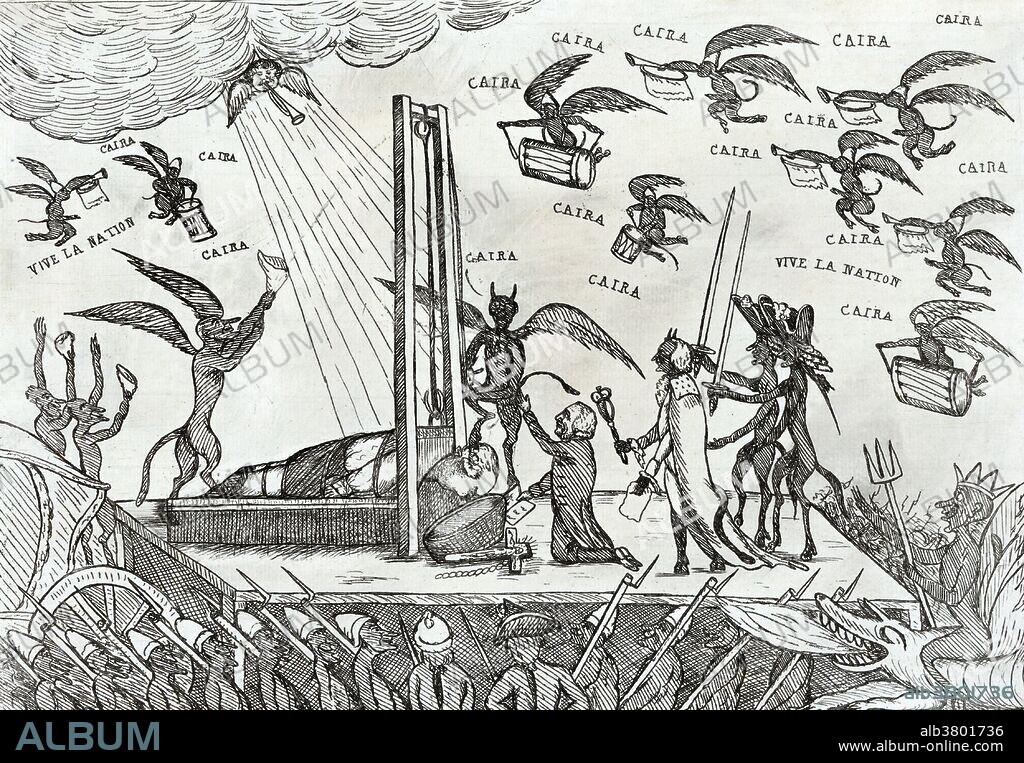 Entitled: "Hell broke loose, or, The murder of Louis, vide, the account of that unfortunate monarch's execution." Shows the execution of Louis XVI, King of France, January 21, 1793, by guillotine as citizen Louis Capet. Devils stand on the platform as well as fly overhead, suggesting that the beheading of Louis, with its disrespect for the monarchy, has resulted in anarchy in France. Louis XVI (August 23, 1754 - January 21, 1793) was King of France from 1774, when he was not yet 20 years old, until his deposition in 1792. The government was deeply in debt and resentment to "despotic" monarchy was on the rise. The success of the American Revolution and the financial crisis occurring in France during his reign were contributing factors to the French Revolution, which abolished the absolute monarchy in France and proclaimed a constitutional monarchy in 1791. Louis XVI enjoyed popularity among the masses, but his indecisiveness and conservatism led some to view him as a symbol of the perceived tyranny of the Ancien RÃ©gime. Suspended and arrested as part of the insurrection of 1792, he was tried by the National Convention, found guilty of high treason, and executed by guillotine on January 21, 1793 as a desacralized French citizen known as "Citizen Louis Capet", bringing to an end more than a thousand years of French monarchy. Louis XVI is the only King of France ever to be executed. Published by William Dent, 1793.