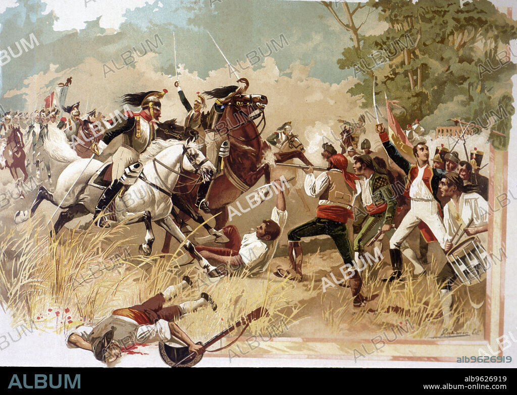 War of Independence, defense of Noria, episode of the Battle of Bailen (19-6-1808), 1880 lithograph.