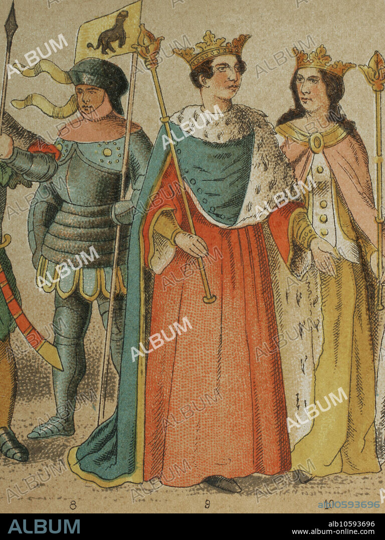 History of England. 1400-1450. From left to right, 8: knight, 9: King Henry VI of England (1421-1471), 10: Margaret of Anjou (1430-1482), wife of King Henry VI. Chromolithography. "Historia Universal", by César Cantú. Volume VI, 1885.