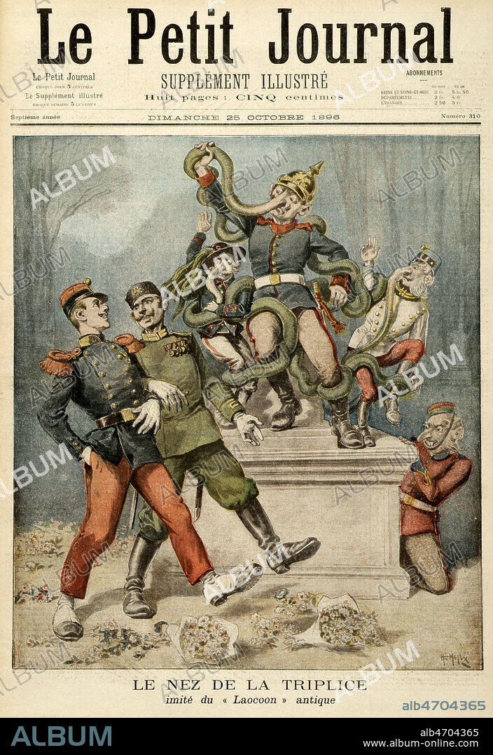 'Le nez de la Triplice imite du Laocoon antique'. Caricature d'Henri MEYER (1844-1899) en couverture du Petit Journal du 25 octobre 1896. Credit : Collection KHARBINE-TAPABOR.