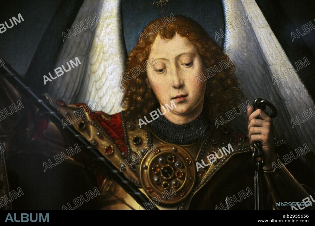 Arte Gótico. Hans Memling (1423/1443-1494). Pintor flamenco de origen alemán, activo en Brujas, Bélgica. Tríptico del Juicio Final. Arcángel Miguel pesando las almas. Oleo sobre tabla. Pintado entre 1466-1473. Museo Nacional. Gdansk. Polonia. Europa.