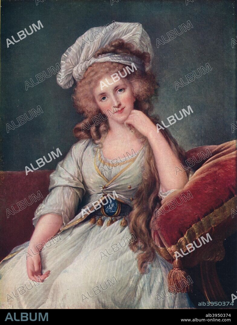 Louise Marie Adeaide de Bourbon-Penthievre, Duchess of Orleans, (1753-1821), was the daughter of Louis Jean Marie de Bourbon, Duke of Penthièvre (1725-1793) and of Princess Maria Theresa Felicitas of Modena (1726-1754). She married Louis Philippe II, Duke of Orleans (1747-1793) and was the mother of France's last king, Louis Philippe I, King of the French (1773-1850). After an original painting by Louise Elisabeth Vigee Le Brun (1755-1842) also known as Madame Lebrun. From The Connoisseur, 1909-10.