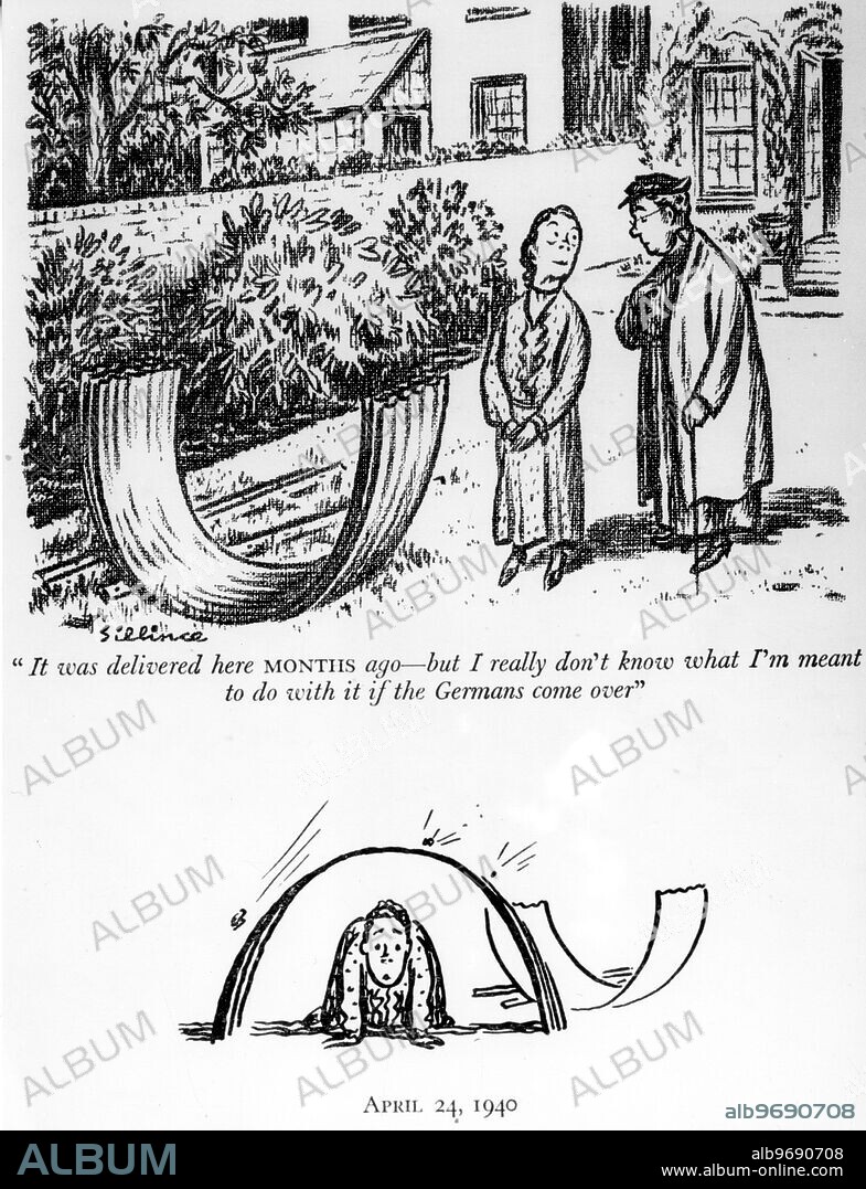 A World War II Punch cartoon from 24 April 1940. Air raid shelter joke: "It was delivered here months ago, by I really don't know what I meant to do with it if the Germans come over.".