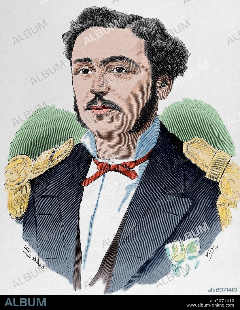 Carlos Condell (Chile, 1843-Chile, 1887). Marino chileno. Participó activamente en la Guerra contra España y en la Guerra del Pacífico, destacándose como héroe naval del combate de Punta Gruesa. Grabado por Vela. Coloreado. "La Ilustración Española y Americana", año 1879.