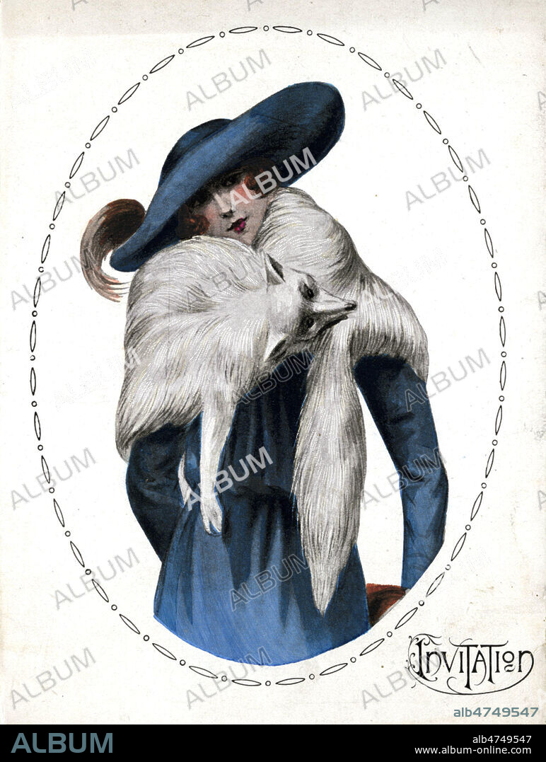 Femme portant un renard en fourrure. Invitation (publicite) au magasin 'A la baie d'Hudson fourrures', a Dijon. Document vers 1920, illustration anonyme. Credit : Collection IM/KHARBINE-TAPABOR.