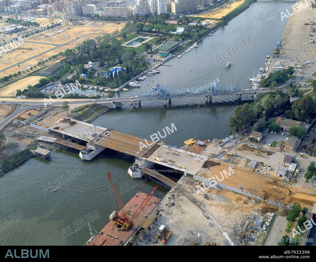 AEREA-OBRAS DEL PUENTE NUEVO DEL PUERTO-RIO GUADALQUIVIR - FOTO AÑOS 90  - FOTO AÑOS 90.