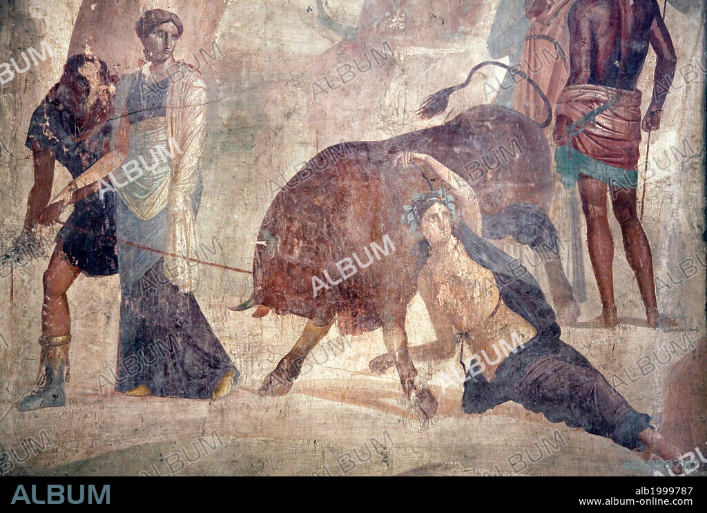 Italy, Naples Museum, from Pompeii, House of Grand Duke of Tuscany (VII, 4, 56), Dirce Punishment . This picture, dominated by a rural landscape in which a dolmen symbolizing the mythical era introduces a disturbing atmosphere of mystery. The Dirce is already bound to the bull which Zethus, standing on the left with his mother Antiope, is about to set free, while Amphion is conversing with his tutor behind the bull.