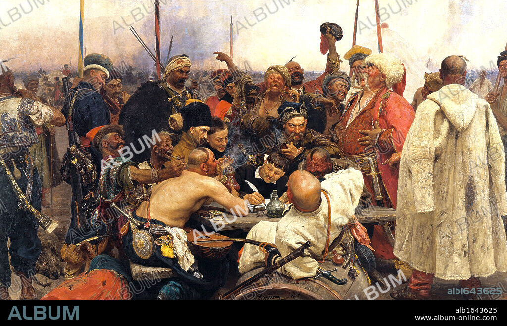 Reply of the Zaporozhian Cossacks to Sultan Mehmed IV of the Ottoman Empire', 1880-91. Oil on canvas. Ilya Repin (1844-1930) Russian artist. Political and military force from 16th century until disbanded by Russia in 18th century.
