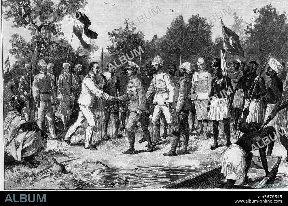 Wissmann, Hermann von Offizier u. Afrikaforscher; 1853-1905. "Von der Wissmann-Expedition in Ostafrika: Reichscommissar Major Wissmann begrüßt Stanley, Emin Pascha und Casati am Kingani am Morgen des 4. December 1889". Holzstich nach Zeichnung von Conrad Weidmann (1847-1904).