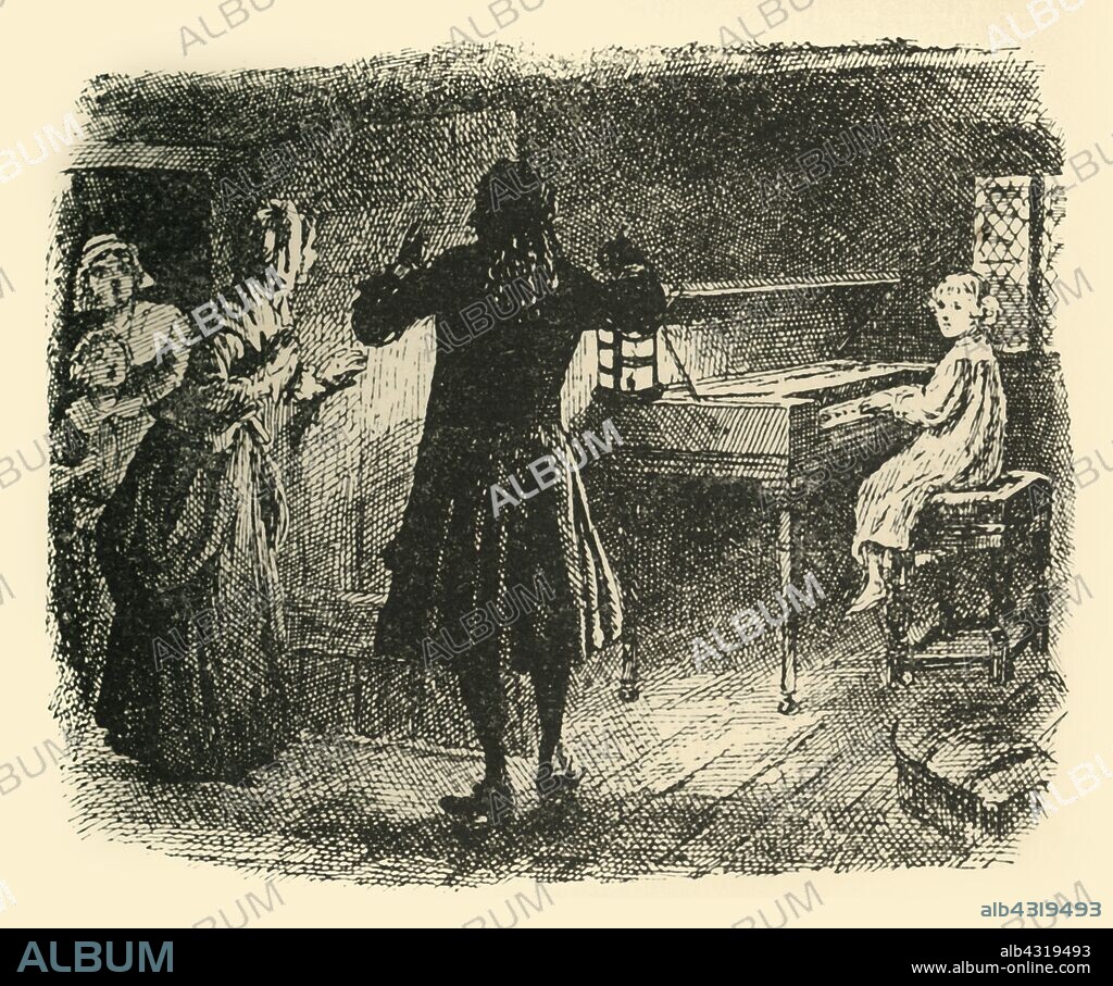 'Beckoned silently to the rest to follow him', (1907). The young Handel is discovered playing the spinet in an attic at night: '....faint musical sounds proceeding from behind the closed door...the master softly lifted the latch, and, having peeped into the room, beckoned silently to the rest to follow him...For there, seated before the spinet, was the white-robed figure of the child, his face half turned towards them, and his eyes, as they caught the light of the lantern, revealing the dreamy, rapt expression of one who is lost to every earthly surrounding.' An episode from the life of German composer George Frideric Handel (1685-1759). From "Story-Lives of Great Musicians", by F.J. Rowbotham. [Wells Gardner, Darton & Co. Ltd, London, 1907].