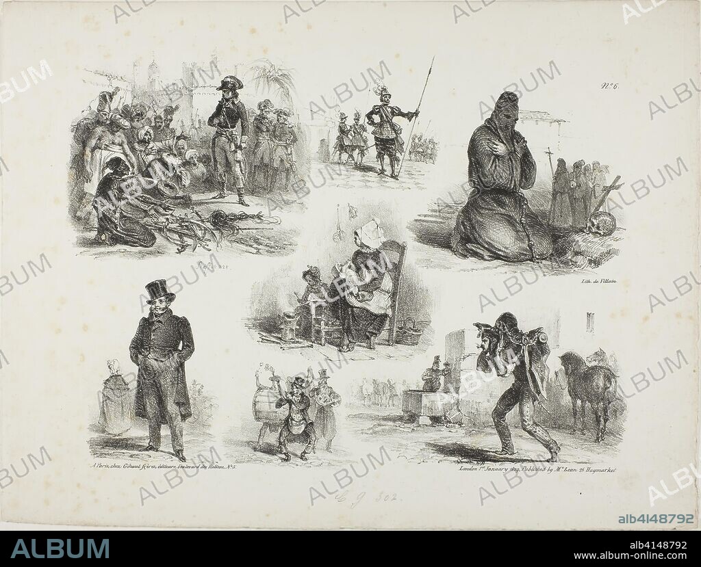 Sheet of Sketches. Denis Auguste Marie Raffet (French, 1804-1860); printed by François le Villain (French, active 19th century); published by Chez Gihaut Frères (French, 19th century); published by Thomas McLean (English, active c.1790-1860). Date: 1828. Dimensions: 215 × 279 mm (image); 272 × 361 mm (sheet). Lithograph in black on ivory wove paper. Origin: France.