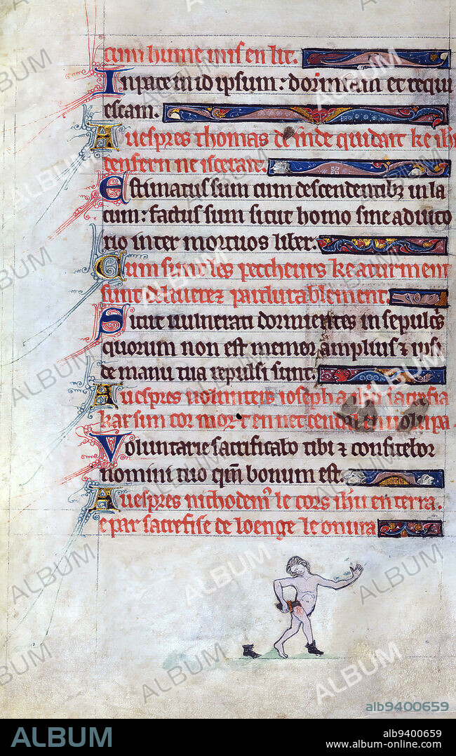 Book of Hours, Grotesque, This is a finely illuminated and iconographically rich Book of Hours, made in England at the end of the thirteenth century. The manuscript is incomplete and misbound. The manuscript contains a number of unusual texts including the Hours of Jesus Crucified, and the Office of St. Catherine. The patron of the manuscript is not clear: a woman is depicted as praying in many of the initials, but rubrics in the Office of the Dead mention 'freres'. The imagery is marvellously inventive, and the Hours of Christ Crucified are graced with images depicting the Funeral of Reynard the Fox in its margins. In the absence of a Calendar, it is not possible to locate the origin of the manuscript precisely.