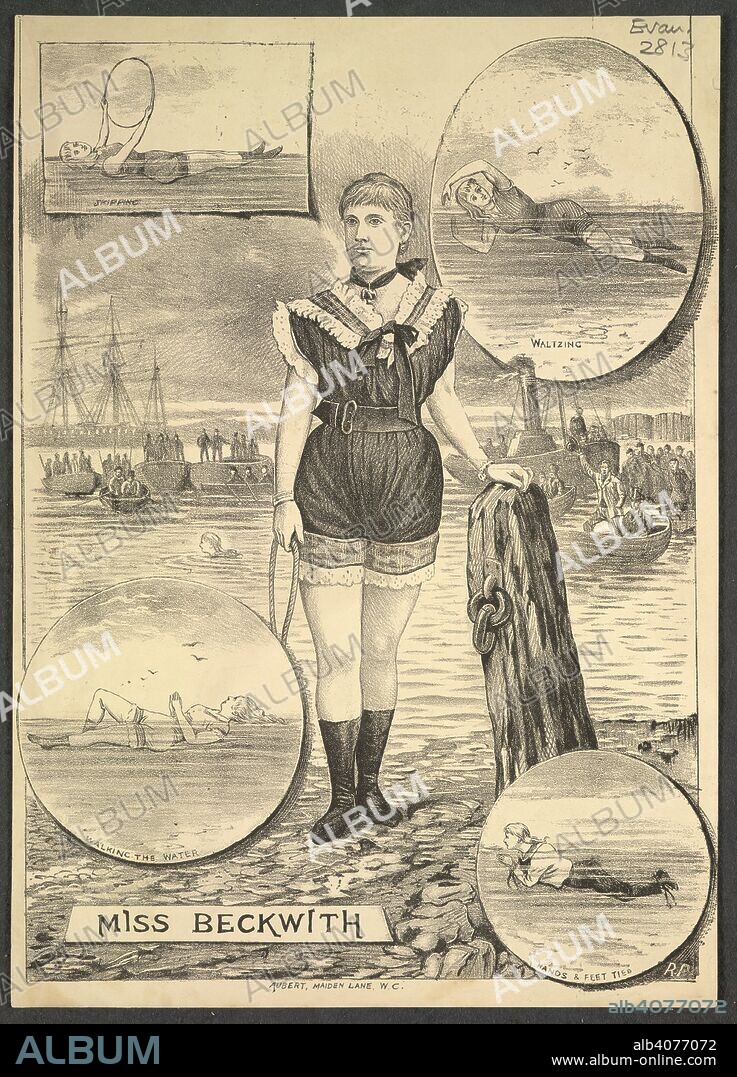 Lithograph illustrations of Miss Agnes Beckwith skipping, waltzing, walking the water, hands & feet tied. [London] : Aubert, Maiden Lane, W.C., 1885?. Source: Evan.2813. Language: English.