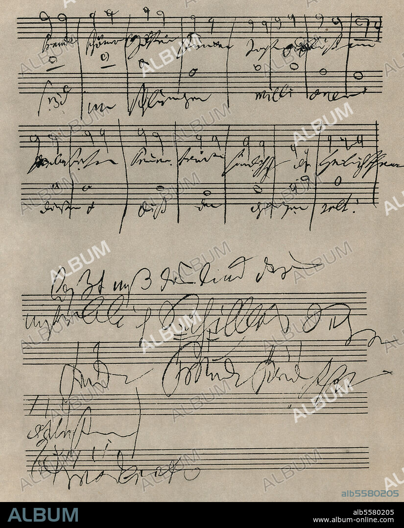 Beethoven, Ludwig van Komponist, 1770-1827. Werke: Sinfonie Nr. 9, d-moll, mit Schlußchor über Schillers "Ode an die Freude". (op. 125; UA Wien, 7. Mai 1824). Handschriftliche Skizze Beethovens zu der "Ode an die Freude".