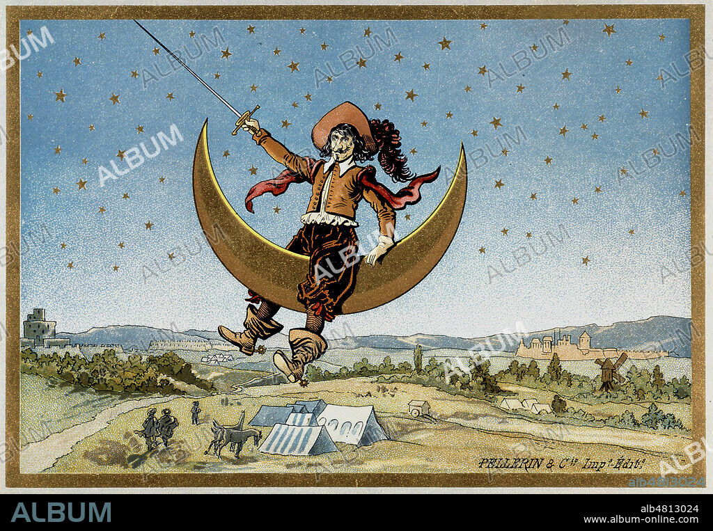 CYRANO de BERGERAC (1619-1655) assis sur un croissant de lune. Illustration anonyme pour une chromolithographie vers 1920. Illustration Credit : Coll. Jonas/KHARBINE-TAPABOR.