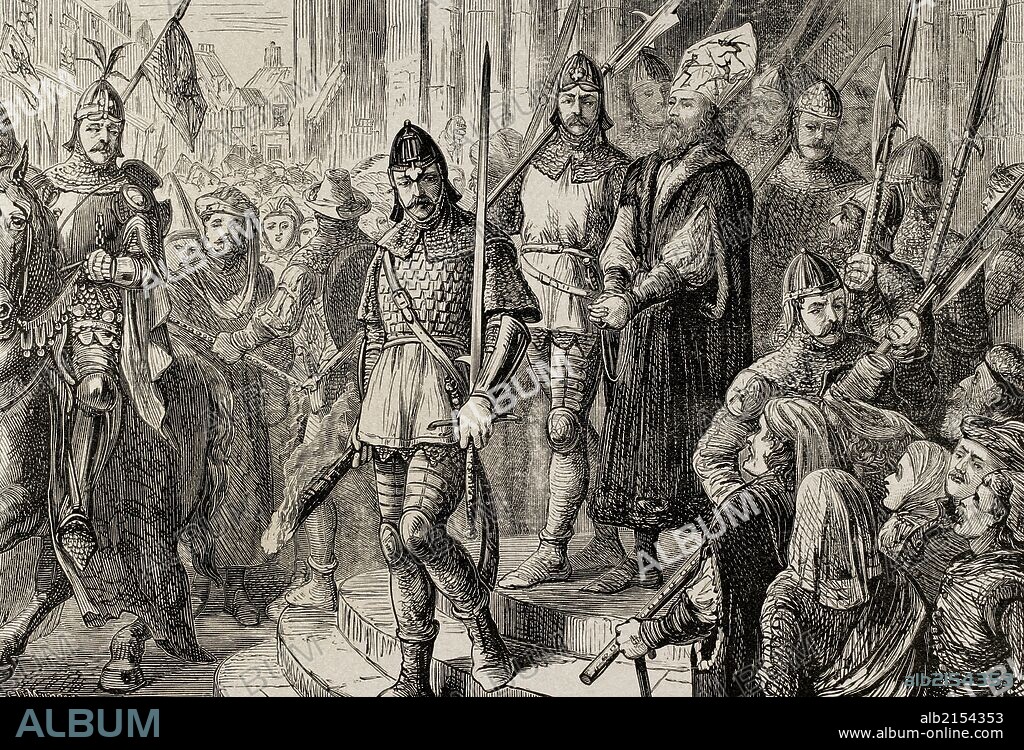 Jerónimo de Praga (1360-1416). Predicador bohemio, seguidor de John Wycliffe y defensor de la tesis de Juan Hus. Defendió la tesis husita en distintos lugares de Europa, para finalmente presentarse junto a Hus ante el concilio de Constanza en Alemania, donde ambos fueron condenados a la hoguera por herejía. "jJerónimo de Praga marchando al suplicio". Grabado por C. D. Murray. "La Revolución Religiosa", año 1880.