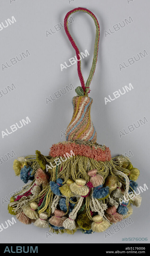 Tassel, Medium: silk, metal thread, wooden core, Skirt of colored silks and metal threads with pink, white, blue, green and yellow tassels. Collar of fringed silk and looped metal threads. Head is vase-shaped with a covering of gilt, yellow, white and blue spiral stripes on a pink ground. Cord of red and green knotted silk threads., Spain, 18th century, trimmings, Tassel.