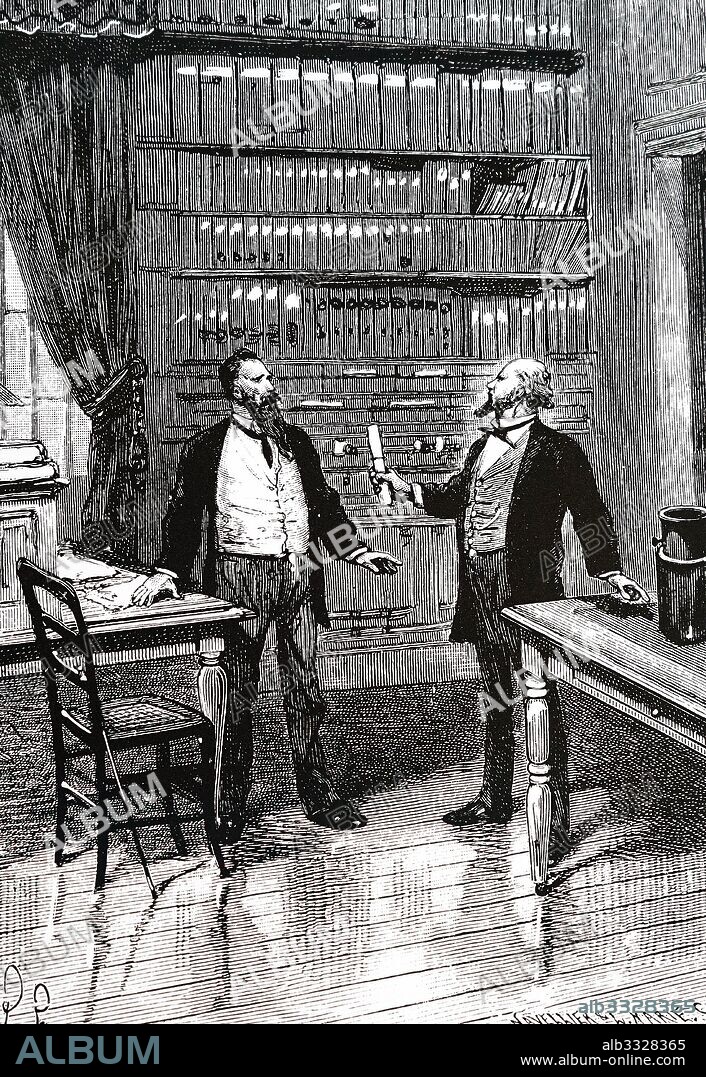 Artist's impression of Elisha Gray presenting his caveat for his telephone at the United States Patent Office at 4 p.m. on 14th February 1876, just two hours after Alexander Graham Bell. Dated 1890.