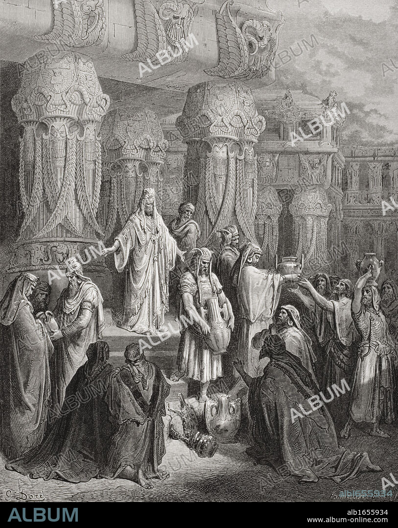Engraving from The Dore Bible illustrating Ezra i 7 to 11 Cyrus Restoring the Vessels of the Temple by Gustave Dore 1832-1883 French artist and illustrator.