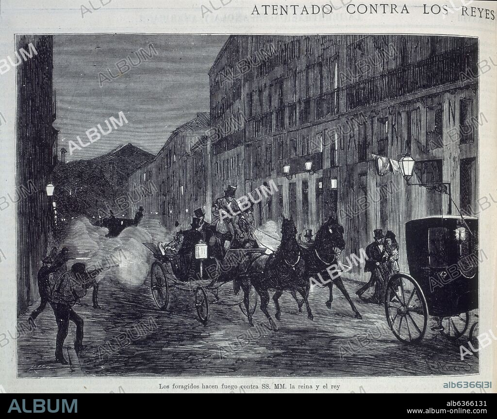 ATENTADO CONTRA AMADEO DE SABOYA Y SU ESPOSA EL 18 DE JULIO DE 1872 - LOS FORAGIDOS HACEN FUEGO CONTRA LOS REYES - LITOGRAFIA SIGLO XIX.