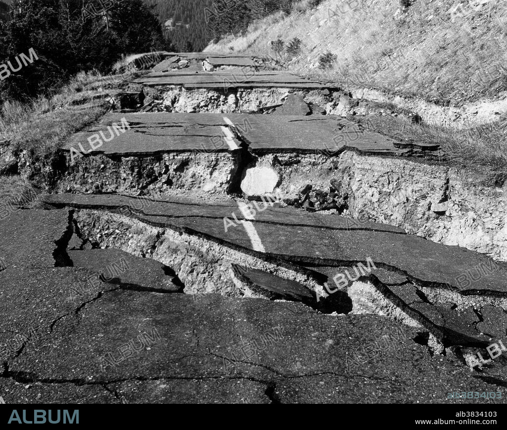 Road near Hebgen Lake, Montana, severely damaged as a result of the 1959 Yellowstone earthquake, also known as the Hebgen Lake earthquake. The quake registered at a magnitude of 7.3 - 7.5 on the Richter scale.