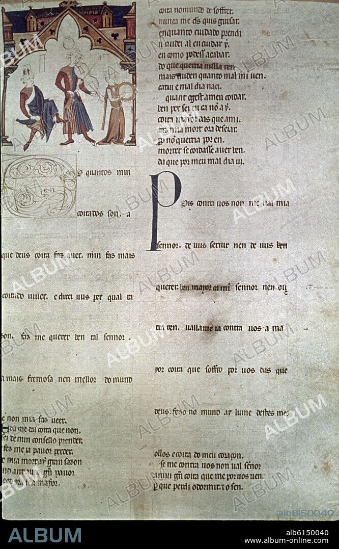 ESCENA DE MUSICA Y DANZA EN EL CANCIONERO D'AJUDA - TROVADOR CON VIHUELA DE ARCO - PERGAMINO FECHADO ALREDEDOR DE 1280.