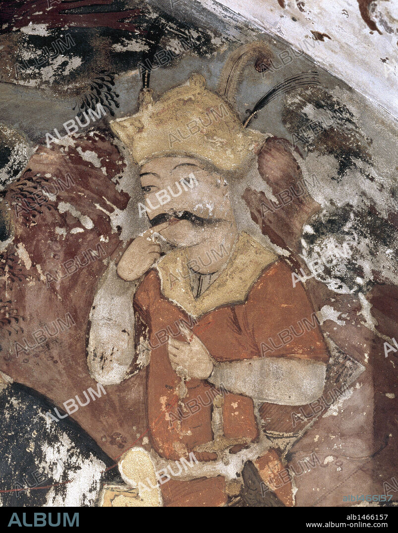 ARTE PERSA. IRAN. COSROES II (590-628). Rey persa de la dinastía sasánida. "Historia de Cosroes y Shirine", textos profanos de los denominados "Libros Pahlavi" (ss. III-VII). Detalle de las pinturas murales (s. XVII) del Pabellón de las 40 columnas. EPOCA SAFAWIDA. Palacio de Chihil Sutun. Isfahán.