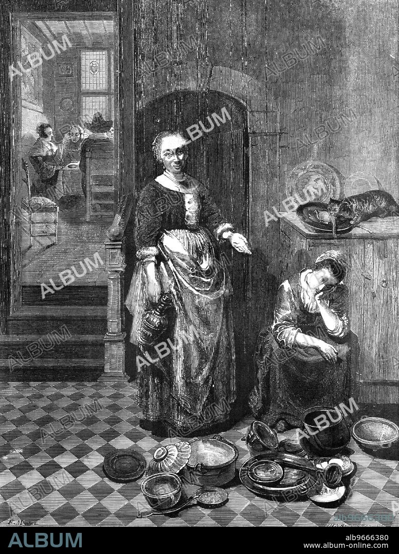 HENRY DUFF LINTON. The Idle Servant - in the National Gallery - painted by Nicolas Maes, 1857. Engraving of a painting. 'Nothing can he more truthful and felicitous in the way of a pleasant domestic episode than the scene the artist has delineated. The hour is that which has followed a copious family repast in Dutch citizen life. In an inner room at the end of a passage conversation and stimulants have succeeded to mastication. But the kitchen wench resigns herself to slumber; grimalkin makes an attack on the cold fowl and the upper servant, entering the apartment, contemplates the scene with a richness of humorous expression that is sardonic yet still essentially feminine...The execution of the picture is admirable; the colour rich, deep, and juicy; the glazing done with the most skilled craft; and the detail not thrown away, but merged in the general effect'. From "Illustrated London News", 1857.