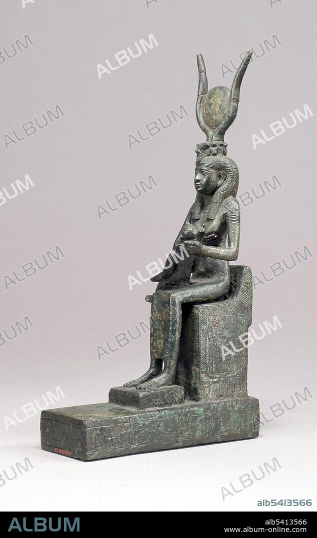 Isis was the wife of Osiris and the mother of Horus, and was symbolically mother to the pharaoh. She is nearly always depicted in anthropomorphic form, standing or seated on a throne. This statuette shows the goddess nursing Horus. She wears a horned crown, as well as the vulture headdress that emphasized the role of goddesses as royal mothers. Bronze or copper alloy, ca. 1070–343 B.C, Egypt.