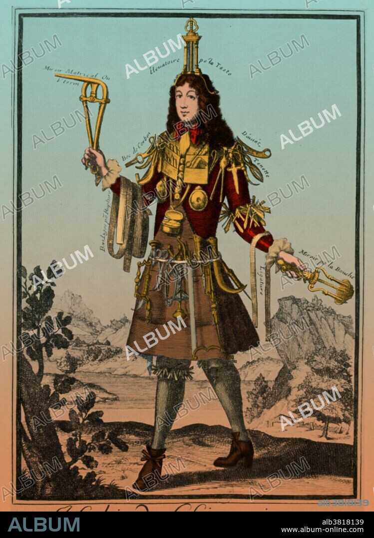 Historical satirical of the equipment and tools used by a surgeon. The items shown here are labeled in French and include a cranial elevator (on his head), uterine and dental mirrors (in his hands), an early blood vessel clamp (bec de corbin) and forceps (on shoulders) and a ligature and rupture bandages (wrists). This is one of a set of artworks by the French artist Nicolas de l'Armessin II, titled 'Costumes Grotesques', dating from around 1695.