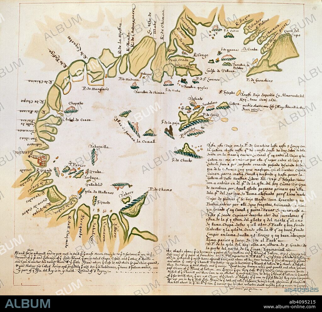 WILLIAM HACK. The Bay of Panama. Charts of Pacific Coasts of America. England [London]; circa 1685. [Whole chart] Chart of the Bay of Panama, between Point Guarachine and the island of Gallera  Image taken from Charts of Pacific Coasts of America.  Originally published/produced in England [London]; circa 1685. . Source: Harley 4034, ff.100v-101. Language: Spanish and English.