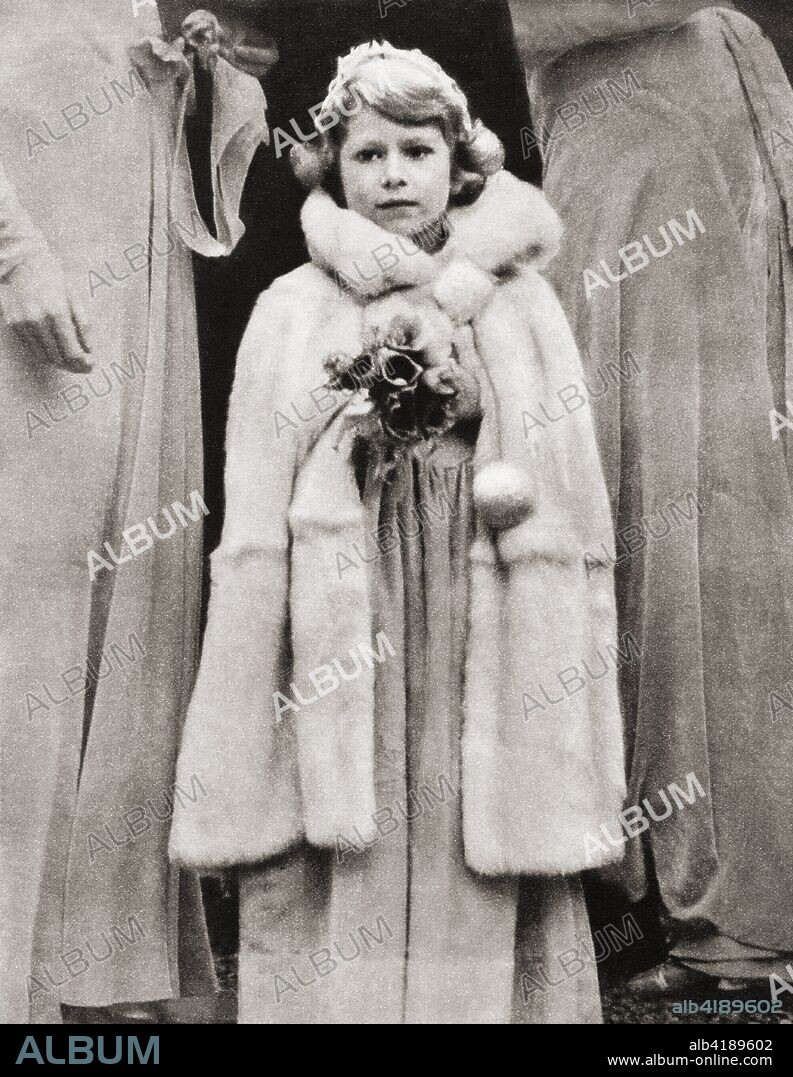 Princess Elizabeth of York, seen here as a bridesmaid at the wedding of Lady May Cambridge in 1931. Princess Elizabeth of York, future Elizabeth II,  born 1926. Queen of the United Kingdom. From The Coronation Book of King George VI and Queen Elizabeth, published 1937.