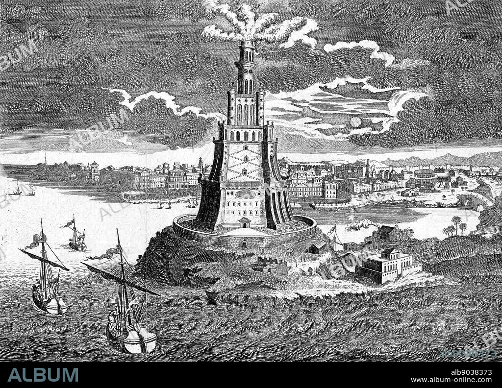 The great Pharos (lighthouse) built in 280 BC on the island of Pharos in the bay of Alexandria, Egypt. 18th century engraving.