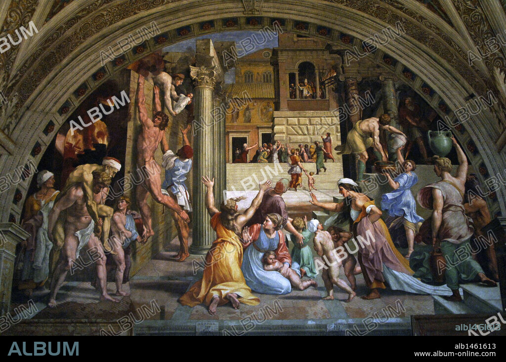 RAPHAEL. ARTE RENACIMIENTO. ITALIA. RAFAEL, Raffaello Santi o Sanzio, llamado (1483-1520). Pintor italiano. "EL INCENDIO DEL BORGO" (1514). Fresco. Sala del Incendio del Borg. Estancias de Rafael. Palacio Vaticano.