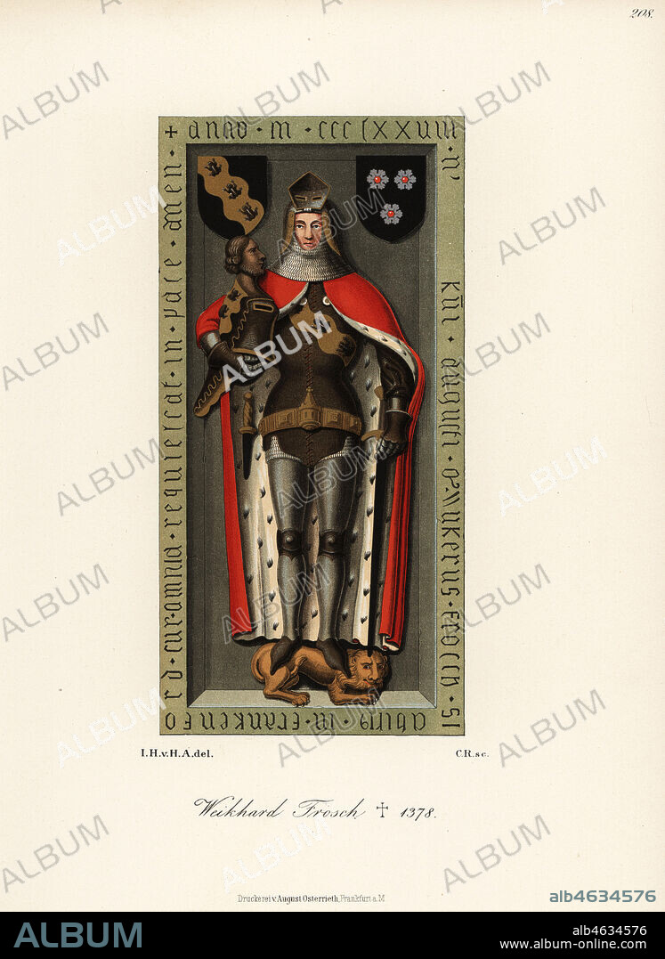 Wicker Frosch, Weikhard Frosch, died 1378. With ermine-lined cape, suit or armour, great helm, vizored bascinet, coat or arms on escutcheon. From his grave effigy in St. Catherines church, Frankfurt. Chromolithograph from Hefner-Alteneck's Costumes, Artworks and Appliances from the Middle Ages to the 17th Century, Frankfurt, 1889. Illustration by Dr. Jakob Heinrich von Hefner-Alteneck, lithographed by C.R. Dr. Hefner-Alteneck (1811 - 1903) was a German museum curator, archaeologist, art historian, illustrator and etcher.