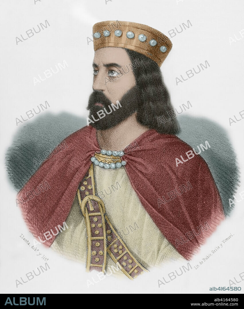 SANTIAGO LLANTA (FL. 1866-1872). FRENCH LITHOGRAPHER WHO WORKED IN SPAIN.. Alfonso I de Asturias (693-757), llamado el Católico. Rey de Asturias entre 739 y 757. Dinastía astur-leonesa. Retrato. Dibujo por Llanta. Litografía. Coloreada. Crónica General de España, Historia Ilustrada y Descriptiva de sus Provincias. Andalucía, 1869.