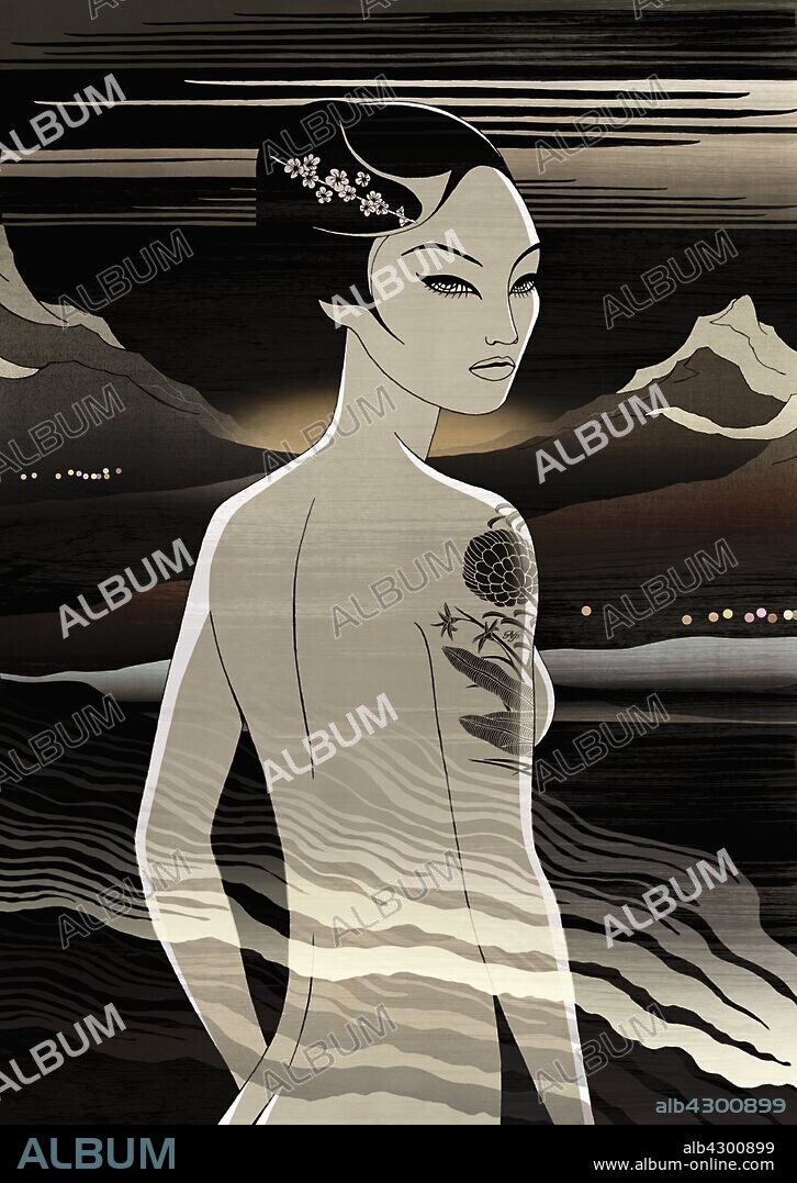 Nude Asian woman with tattoo.