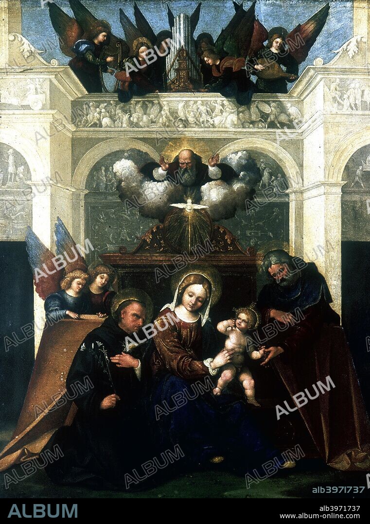 'Holy Family with Saint Nicholas of Tolentino', 1515-1530. St Nicholas kneels in front of the infant Jesus who is eating cherries, the fruit of Paradise, which have been given to him by St Joseph. Above them God the Father and the Dove of the Holy Spirit appear from a cloud. An angel orchestra (top) play instruments including a harp, a lute and an organ. From the National Gallery, London.
