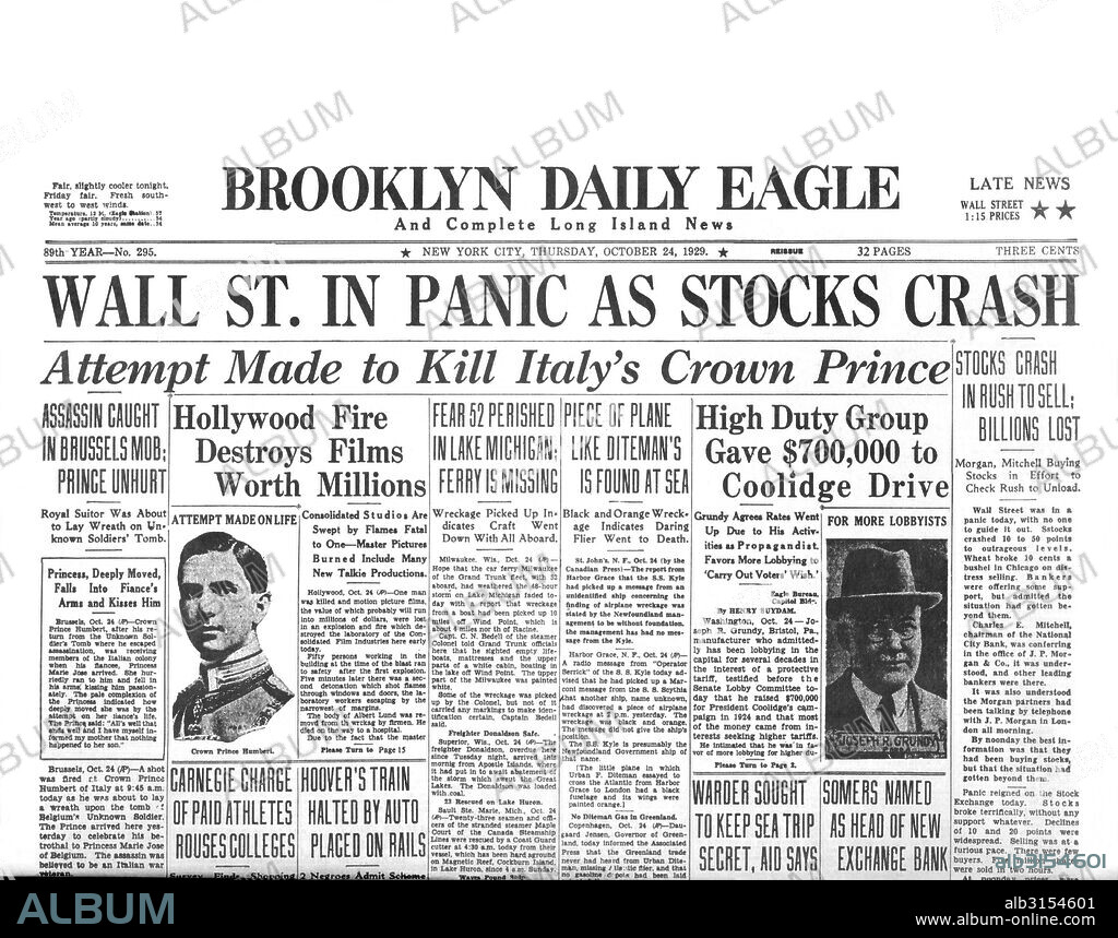 New York, New York: October 24, 1929. The Brooklyn Daily Eagle headlines for Black Thursday, the first day of the stock market crash of 1929.