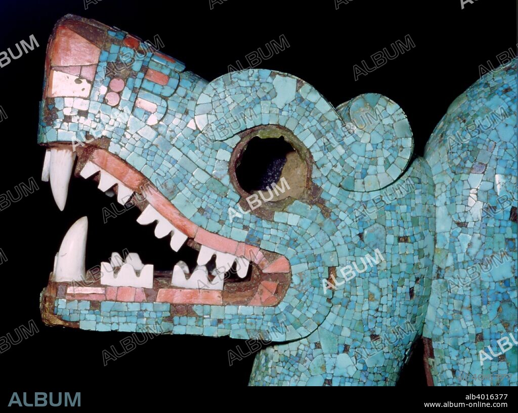 Detail of a turquoise mosaic of a double-headed serpent, Aztec/Mixtec, Mexico, 15th-16th century. It is carved in wood and covered with turquoise mosaic. This was probably worn on ceremonial occasions as a pectoral (an ornament worn on the chest). The serpent is associated with many gods including Coatlicue (She of the Serpent Skirt), the mother of the Aztec god Huitzilopochtli. From the British Museum.